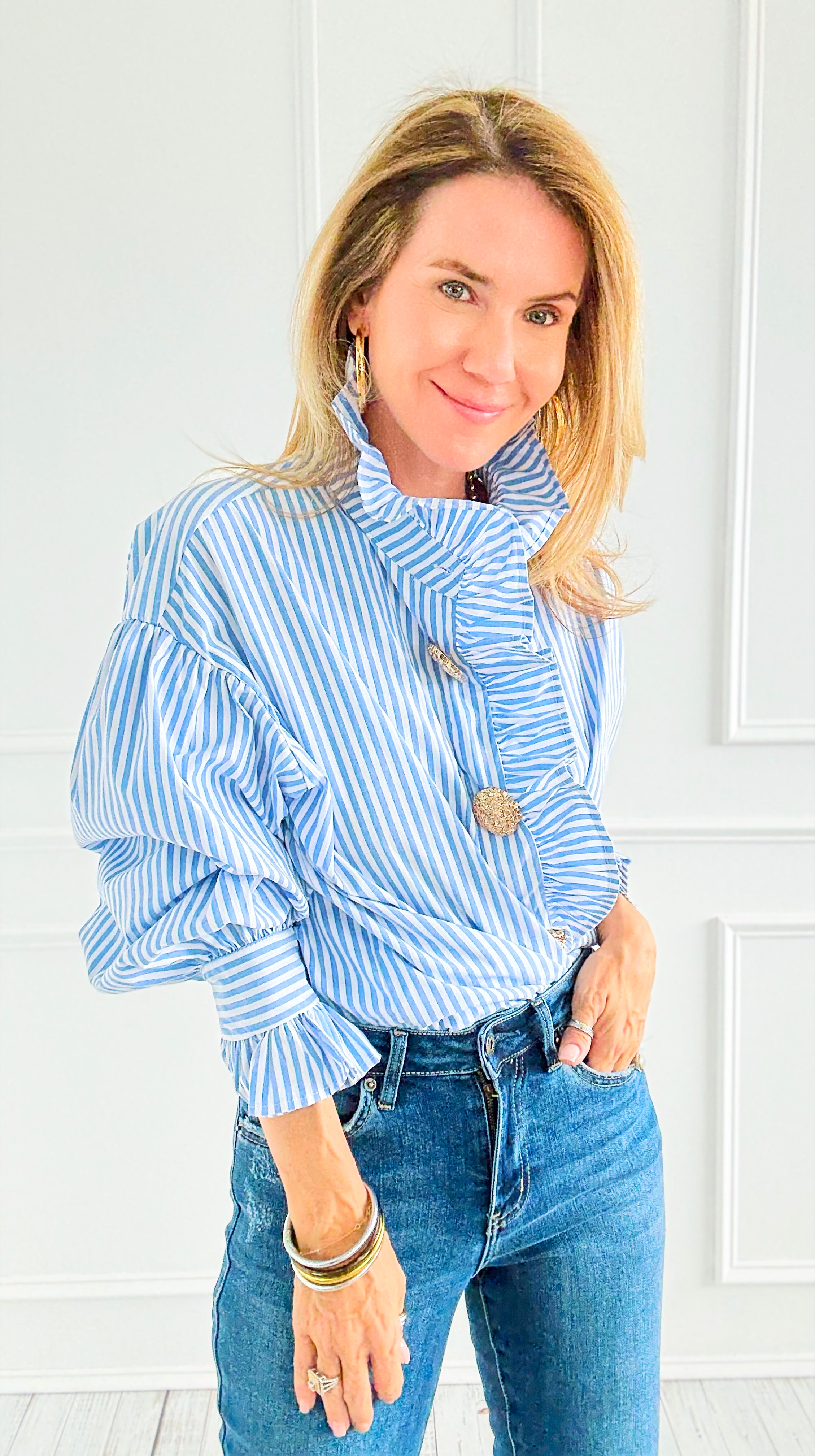 Blue Belle Italian Woven Blouse-110 Long Sleeve Tops-TATTOO Z-Coastal Bloom Boutique, find the trendiest versions of the popular styles and looks Located in Indialantic, FL