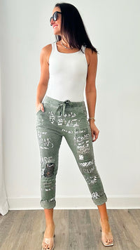 Italian Pants with Lace and Writing - Olive-180 Joggers-Look Mode-Coastal Bloom Boutique, find the trendiest versions of the popular styles and looks Located in Indialantic, FL