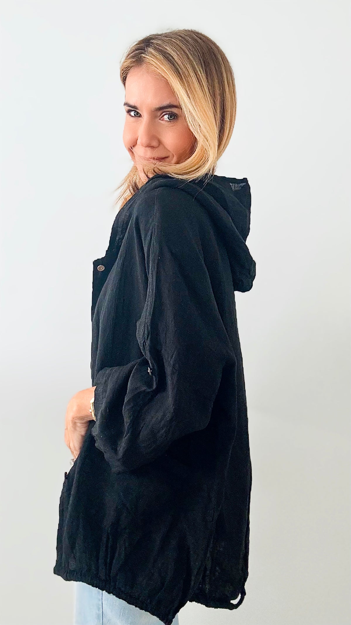 Sundown Hooded Italian Jacket - Black-160 Jackets-Italianissimo-Coastal Bloom Boutique, find the trendiest versions of the popular styles and looks Located in Indialantic, FL