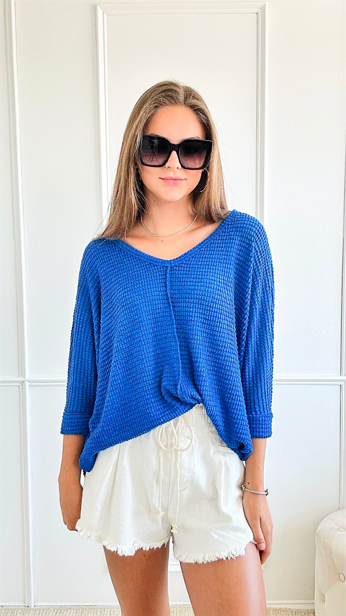 Hi-Low Hem Jacquard Sweater - Blue-140 Sweaters-Zenana-Coastal Bloom Boutique, find the trendiest versions of the popular styles and looks Located in Indialantic, FL