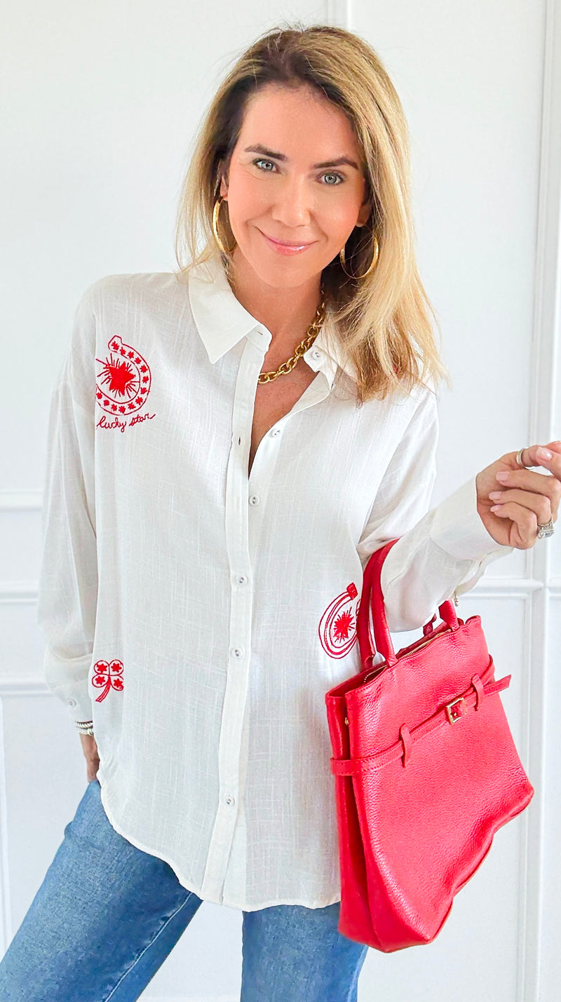 Lucky Star Button-Up Top-110 Long Sleeve Tops-Taelynn-Coastal Bloom Boutique, find the trendiest versions of the popular styles and looks Located in Indialantic, FL