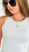 Metallic Foil Detailed Ribbed Italian Tank - Silver/White-100 Sleeveless Tops-Italianissimo-Coastal Bloom Boutique, find the trendiest versions of the popular styles and looks Located in Indialantic, FL