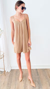 V-Neck Slip Dress - Tan-200 dresses/jumpsuits/rompers-Gigio-Coastal Bloom Boutique, find the trendiest versions of the popular styles and looks Located in Indialantic, FL