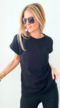 Cotton Crew Girl Next Door - Black-110 Short Sleeve Tops-Zenana-Coastal Bloom Boutique, find the trendiest versions of the popular styles and looks Located in Indialantic, FL
