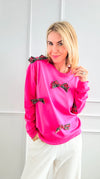 Multi Plaid Bow Sweatshirt - Fuchsia-130 Long Sleeve Tops-Why Dress-Coastal Bloom Boutique, find the trendiest versions of the popular styles and looks Located in Indialantic, FL