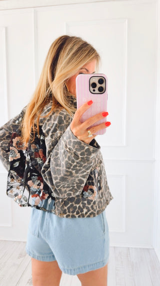Leopard Floral Contrast Denim Jacket