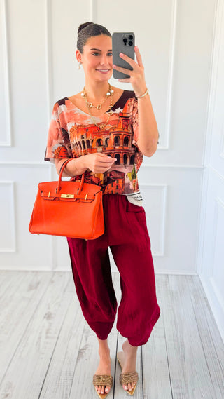 La Spezia Barrel Linen Italian Pant- Wine