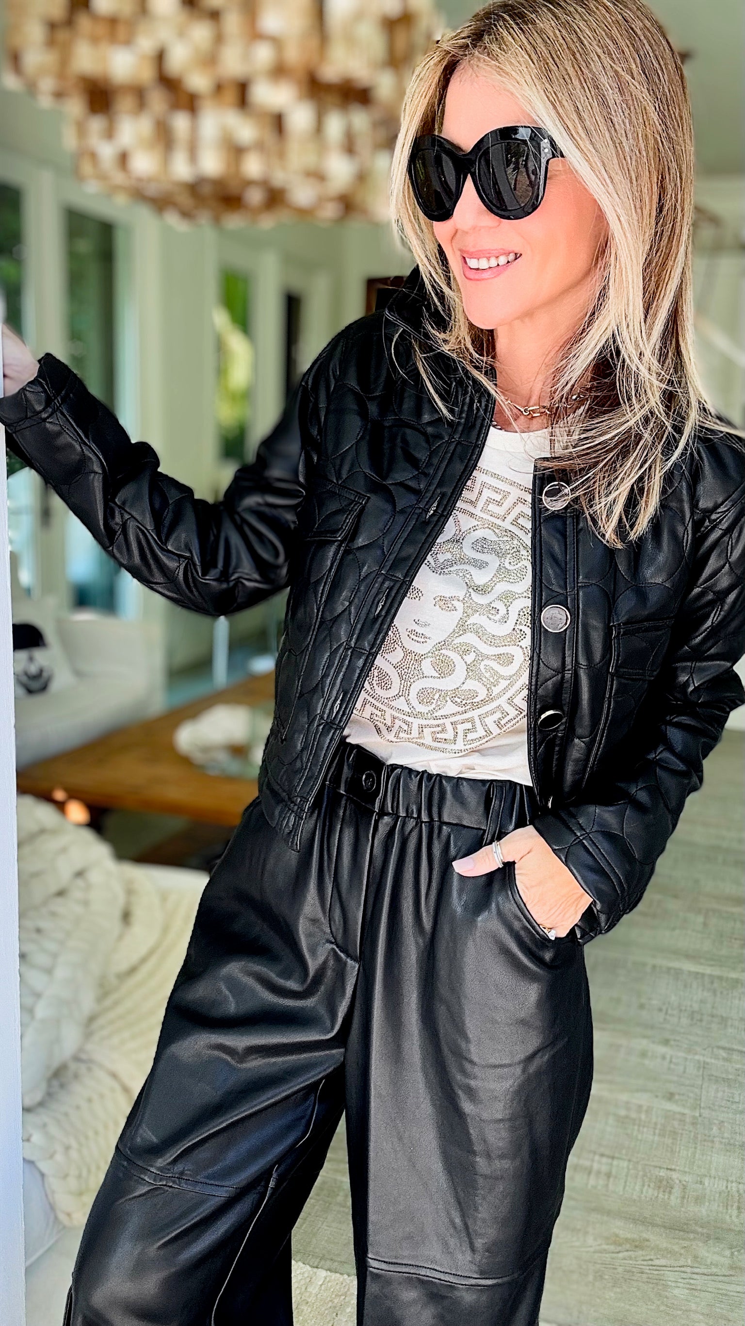 Vegan Leather Quilted Jacket - Black-150 Cardigan Layers-Dolce Cabo-Coastal Bloom Boutique, find the trendiest versions of the popular styles and looks Located in Indialantic, FL