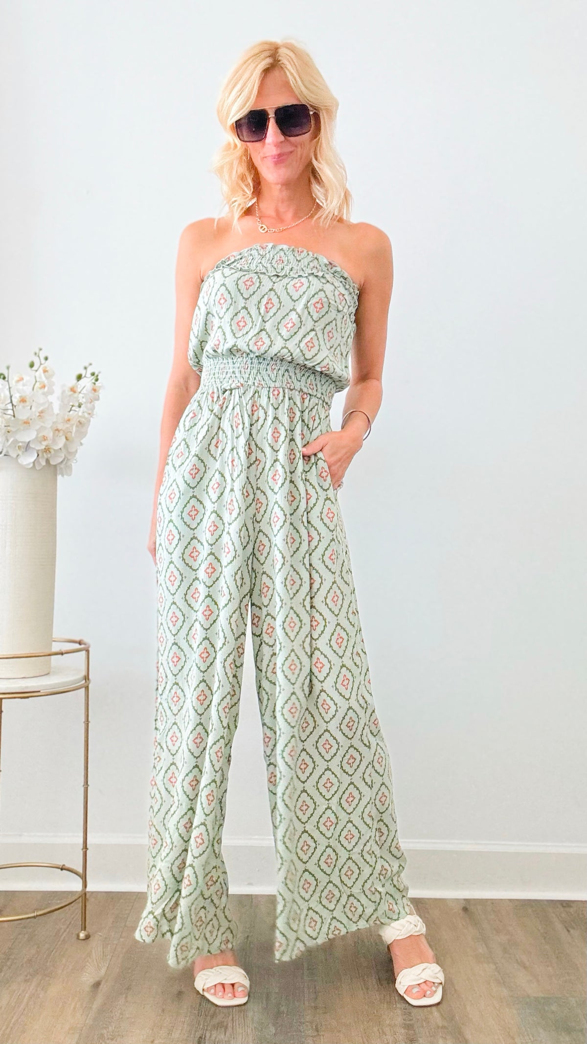Boho Print Smocked Tube Jumpsuit - Sage-200 Dresses/Jumpsuits/Rompers-Rousseau-Coastal Bloom Boutique, find the trendiest versions of the popular styles and looks Located in Indialantic, FL