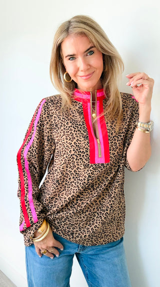 Contrast Trim Zip Long Sleeve Top