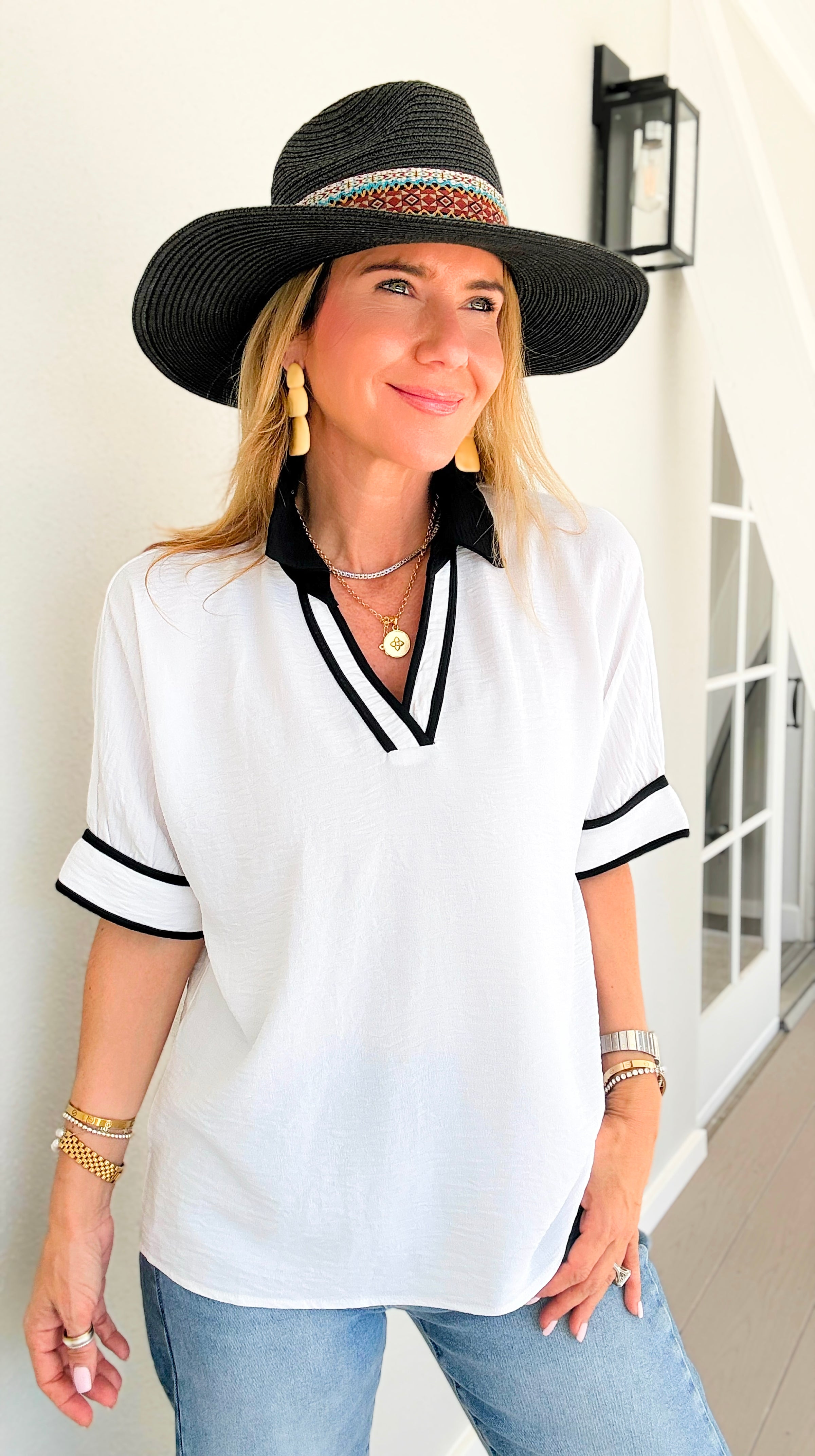The Relaxed Contrast Trim Blouse - Off White