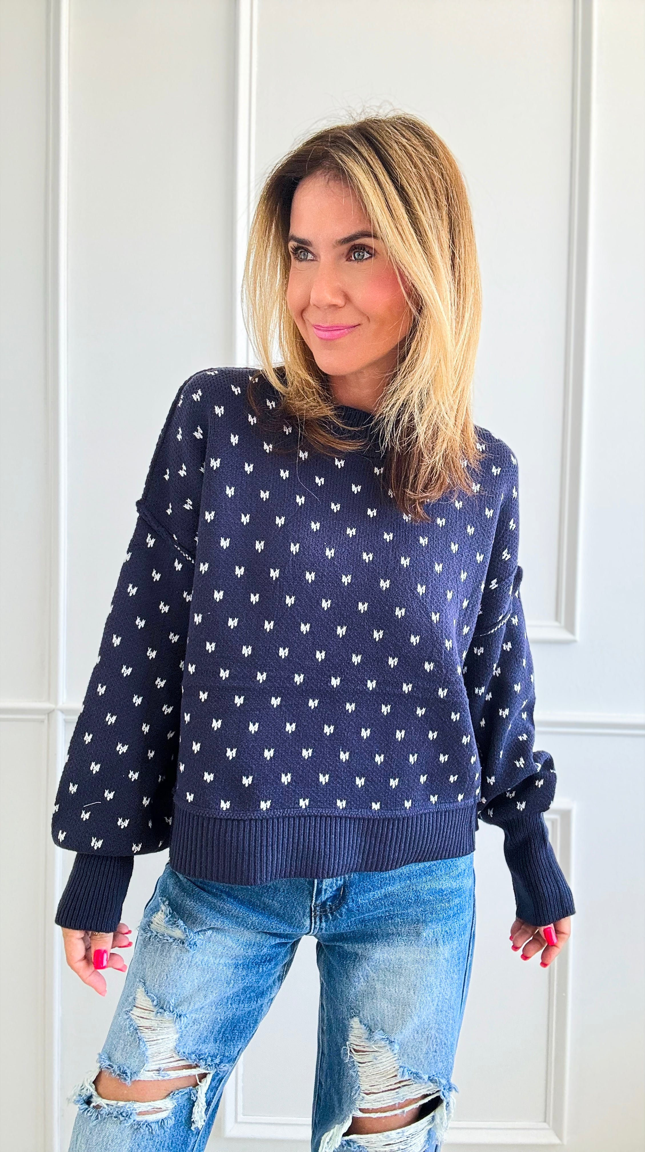 Heart Pattern Cropped Sweater - Navy-140 Sweaters-Miracle-Coastal Bloom Boutique, find the trendiest versions of the popular styles and looks Located in Indialantic, FL