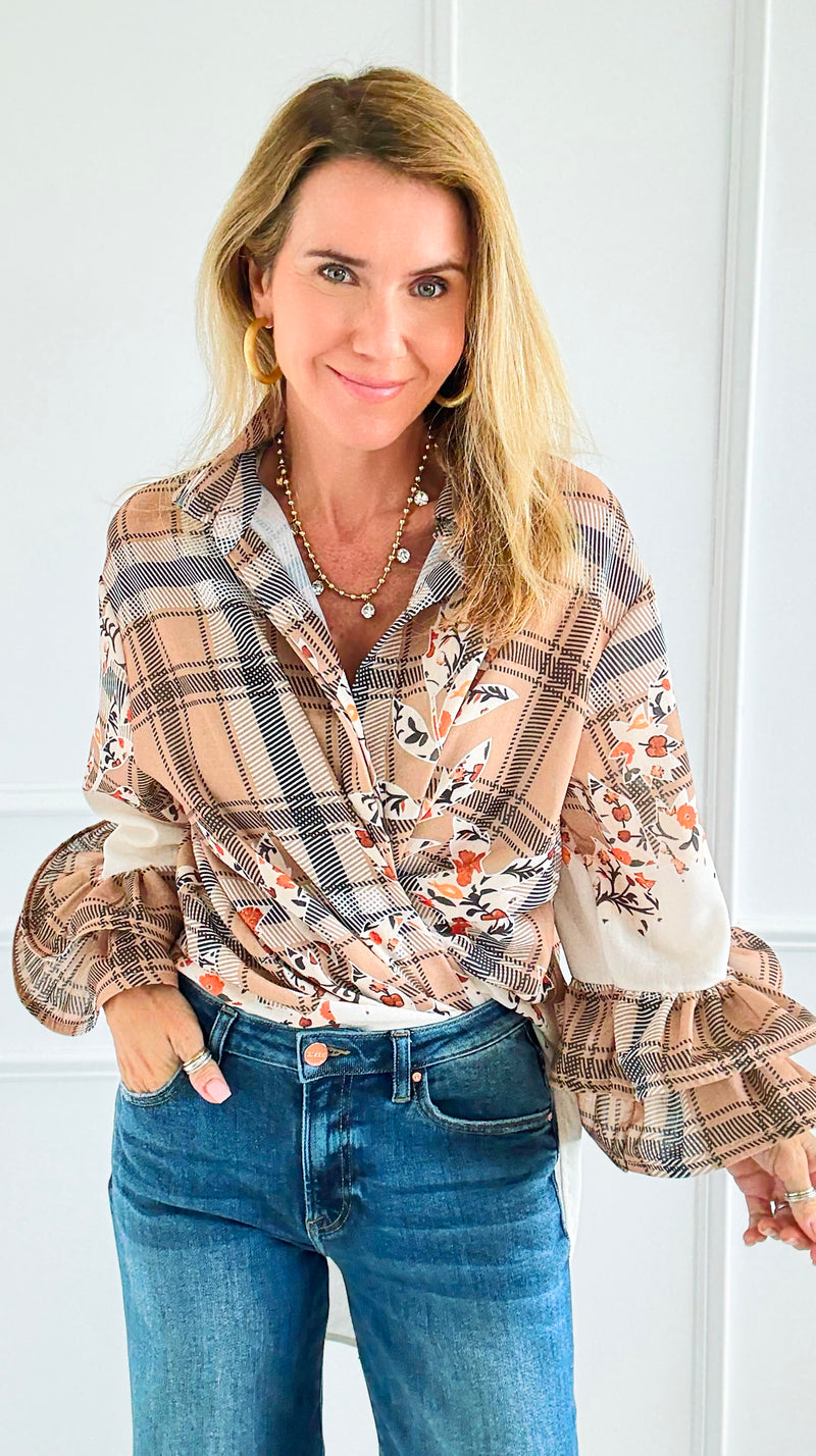 Garden Plaid Ruffle Bell Sleeve Italian Blouse-130 Long sleeve top-Italianissimo-Coastal Bloom Boutique, find the trendiest versions of the popular styles and looks Located in Indialantic, FL
