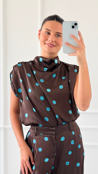 Draped Polka Dot Top - Blue/Brown