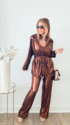Shiny Hood Detail Top And Matching Pants Set - Bronze-210 Loungewear/Sets-sj style-Coastal Bloom Boutique, find the trendiest versions of the popular styles and looks Located in Indialantic, FL