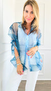 Denim Print Buttoned Down Sheer Blouse-130 Long Sleeve Tops-LA' ROS-Coastal Bloom Boutique, find the trendiest versions of the popular styles and looks Located in Indialantic, FL