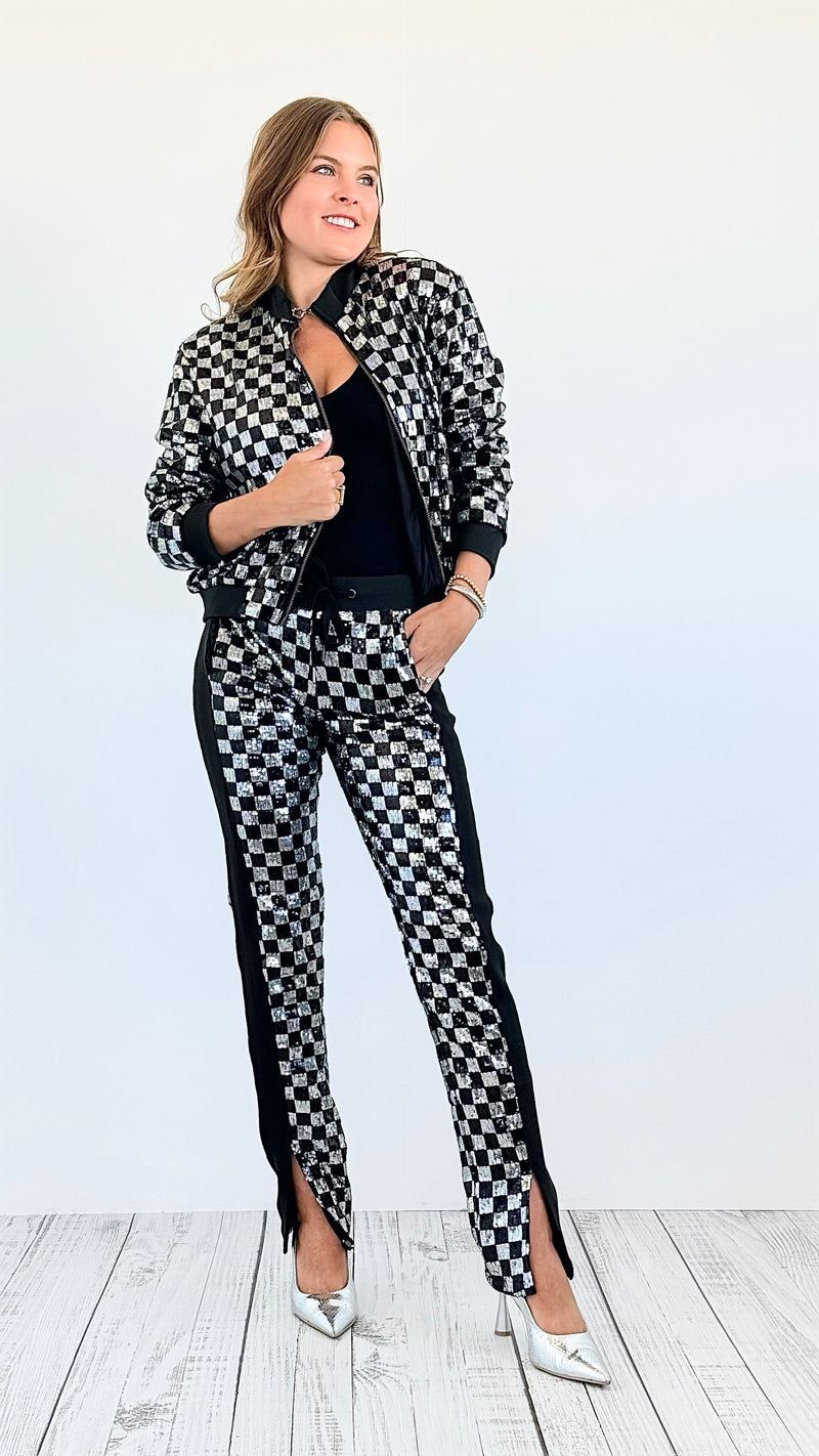 Checkered Sequin Jacket and Pants Set -Silver-210 Loungewear/Sets-Rousseau-Coastal Bloom Boutique, find the trendiest versions of the popular styles and looks Located in Indialantic, FL