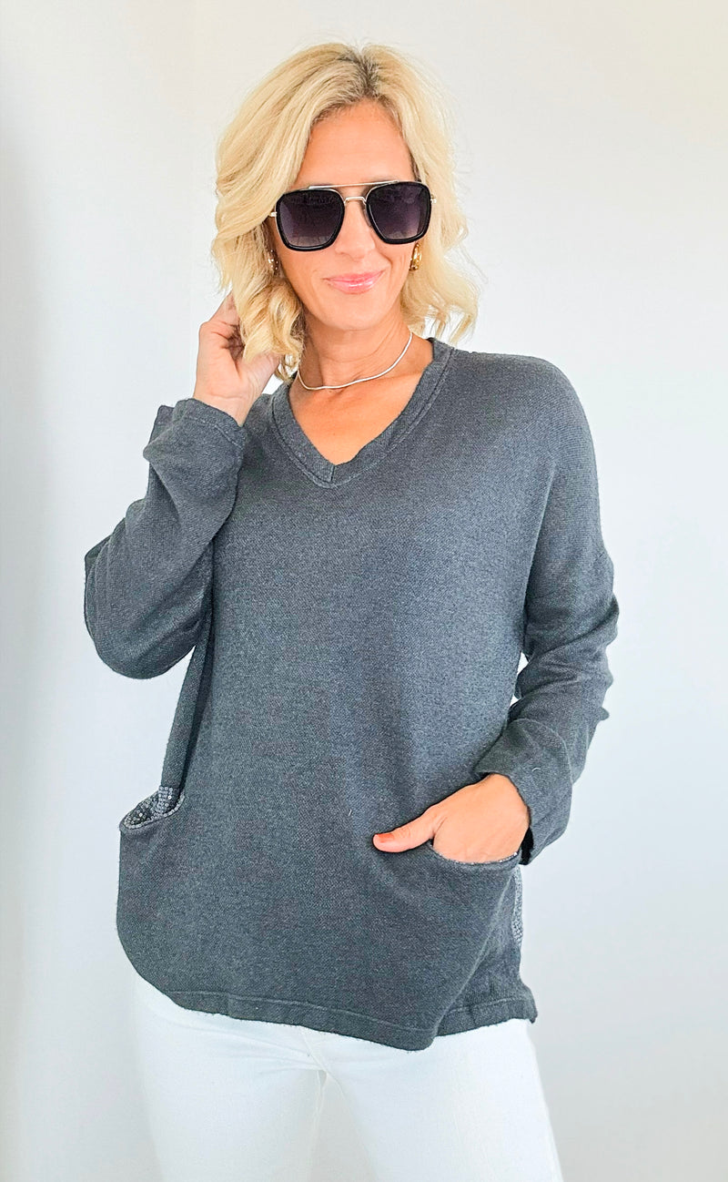 Sequin Back Detail Pocketed Italian Sweatshirt-130 Long Sleeve Tops-Tempo-Coastal Bloom Boutique, find the trendiest versions of the popular styles and looks Located in Indialantic, FL