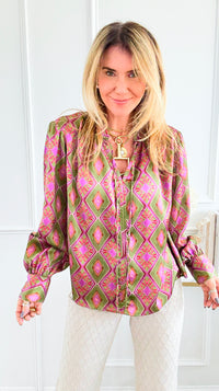 Geometric Floral Split Neck Top-110 Long Sleeve Tops-sew in love-Coastal Bloom Boutique, find the trendiest versions of the popular styles and looks Located in Indialantic, FL