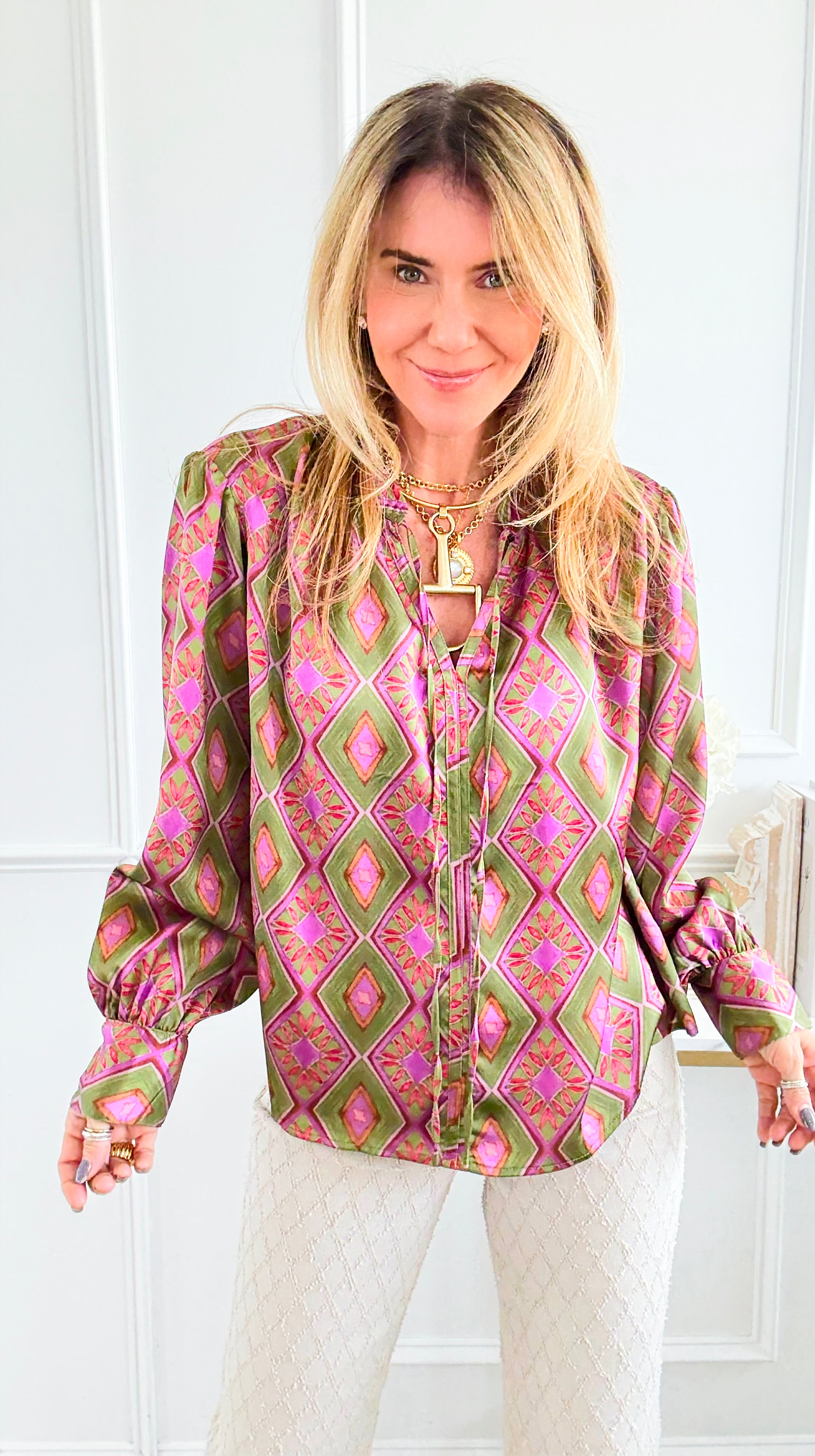 Geometric Floral Split Neck Top-110 Long Sleeve Tops-sew in love-Coastal Bloom Boutique, find the trendiest versions of the popular styles and looks Located in Indialantic, FL