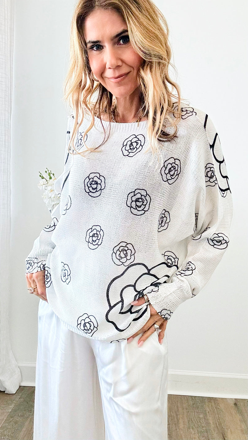 Classic Noir Petals Italian St Tropez Sweater - White-140 Sweaters-Italianissimo-Coastal Bloom Boutique, find the trendiest versions of the popular styles and looks Located in Indialantic, FL