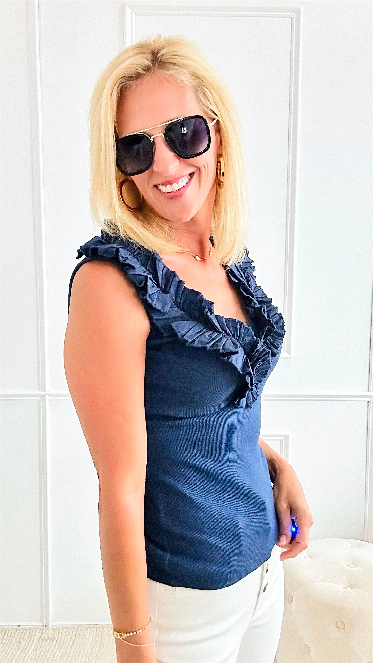 Whimsical Ruffle Italian Tank - Navy-100 Sleeveless Tops-Italianissimo-Coastal Bloom Boutique, find the trendiest versions of the popular styles and looks Located in Indialantic, FL