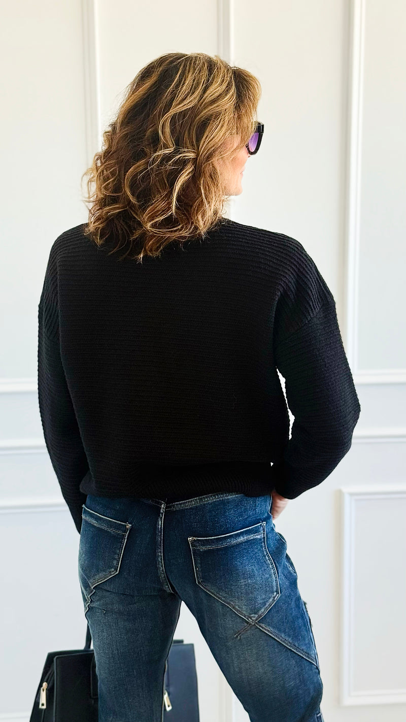 Sequin Blossom Italian Knit Sweater- Black-140 Sweaters-AZUL MONACO-Coastal Bloom Boutique, find the trendiest versions of the popular styles and looks Located in Indialantic, FL