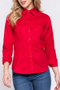 Long Sleeve Poplin Button Down Blouse- Red-130 Long sleeve top-Active Basic-Coastal Bloom Boutique, find the trendiest versions of the popular styles and looks Located in Indialantic, FL