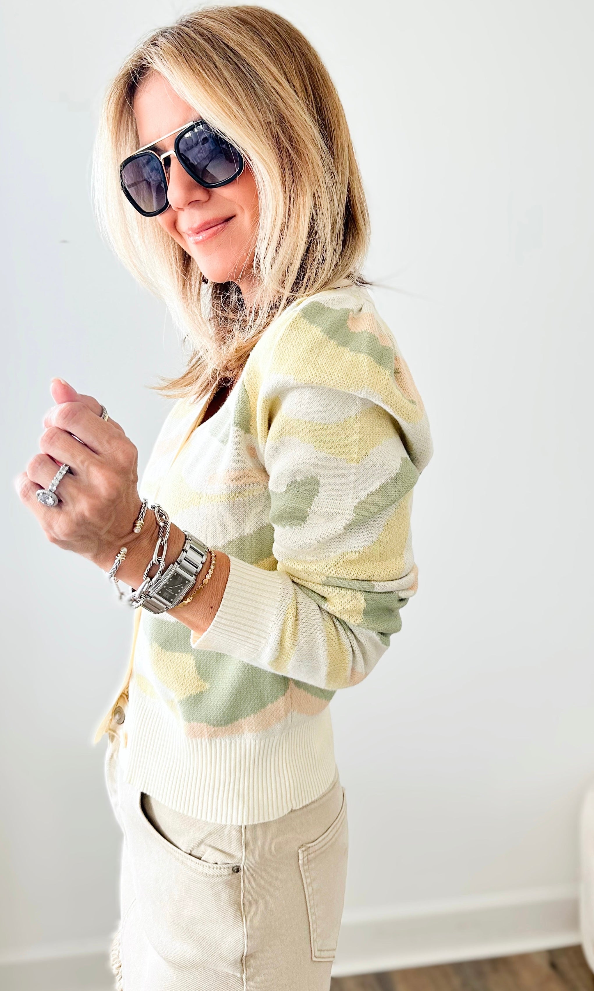 Pastel Sage Camouflage Cardigan-130 Long Sleeve Tops-ROUSSEAU-Coastal Bloom Boutique, find the trendiest versions of the popular styles and looks Located in Indialantic, FL