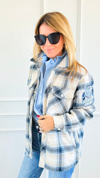 Frosted Plaid Varsity Shacket-160 Jackets-SMOKE RISE RED-Coastal Bloom Boutique, find the trendiest versions of the popular styles and looks Located in Indialantic, FL