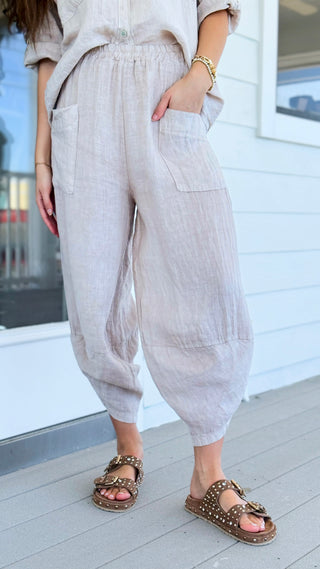 La Spezia Barrel Linen Italian Pant- Beige