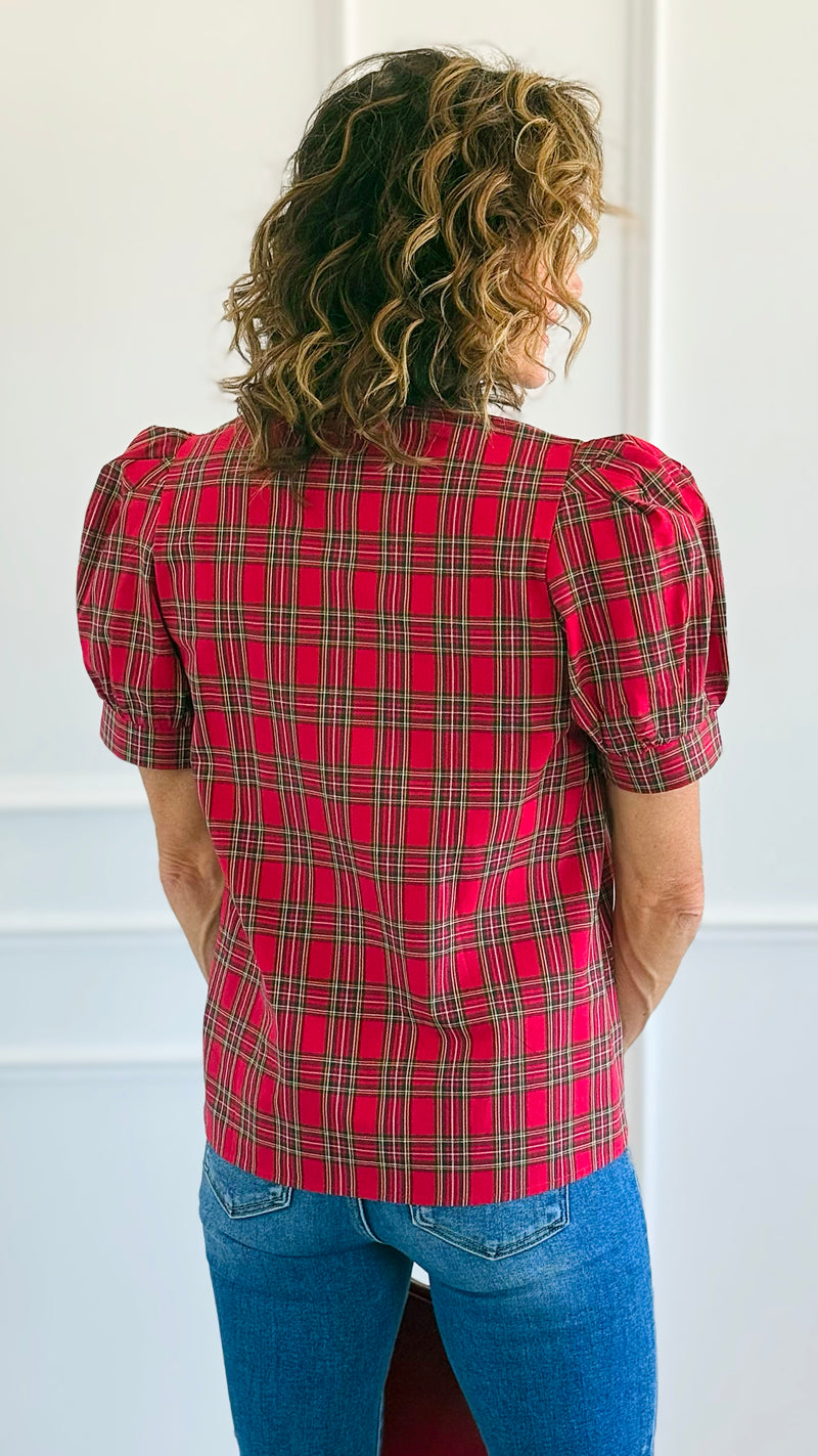 Checked Charm Puff Sleeve Top-110 Short Sleeve Tops-entro-Coastal Bloom Boutique, find the trendiest versions of the popular styles and looks Located in Indialantic, FL