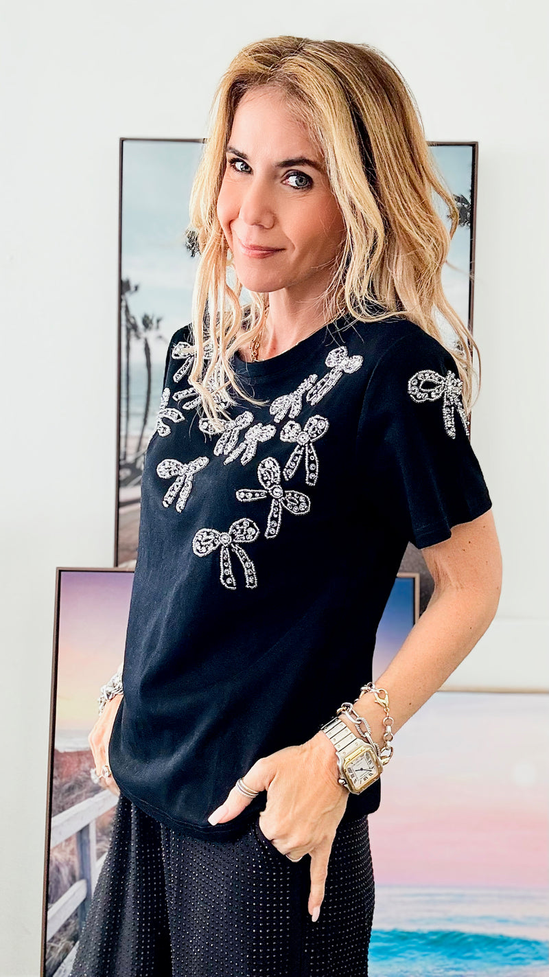 Bow Detailed Rhinestone T-Shirt-110 Short Sleeve Tops-LA ROS-Coastal Bloom Boutique, find the trendiest versions of the popular styles and looks Located in Indialantic, FL
