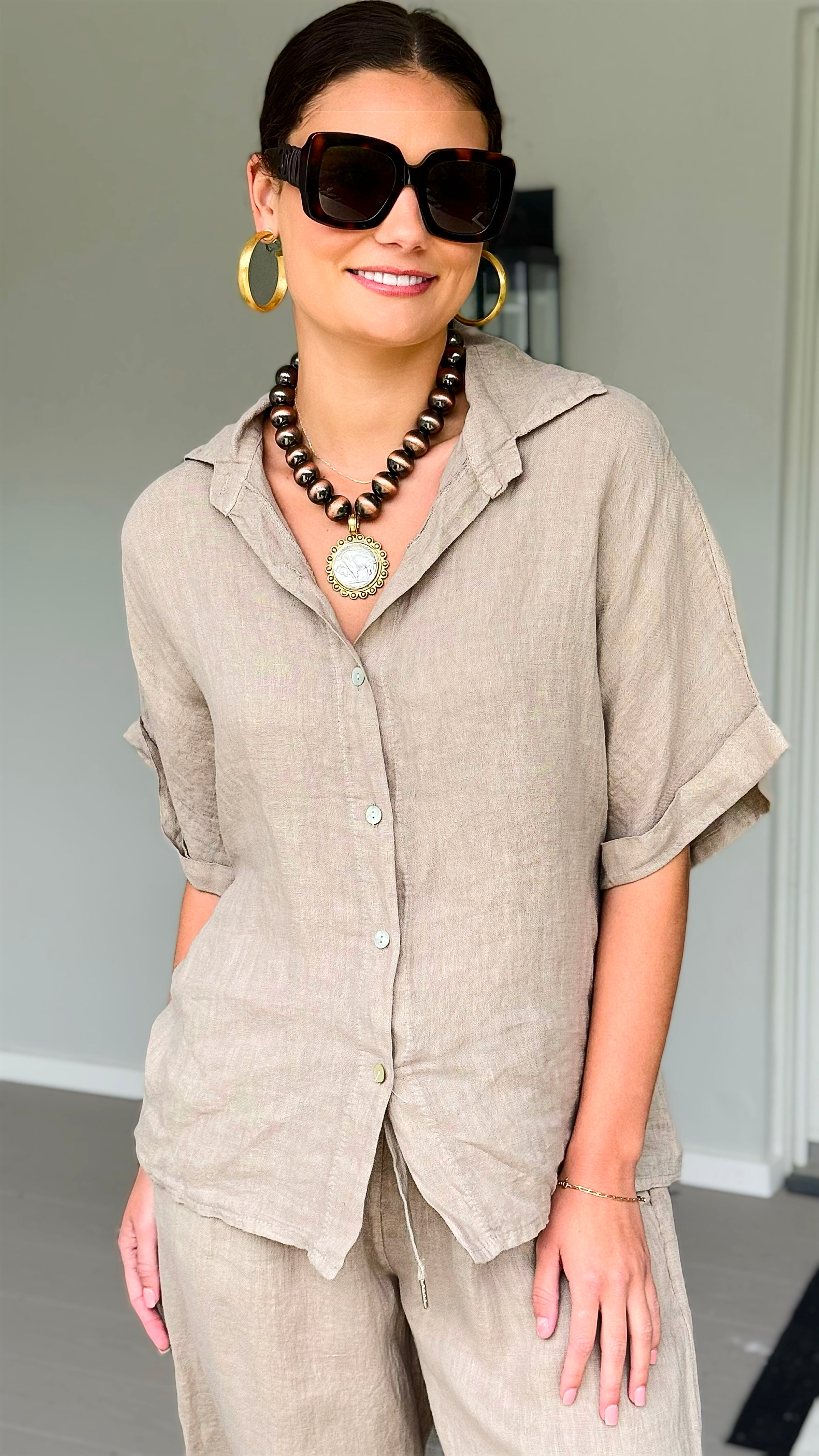The Marlow Linen Italian Button Top- Taupe