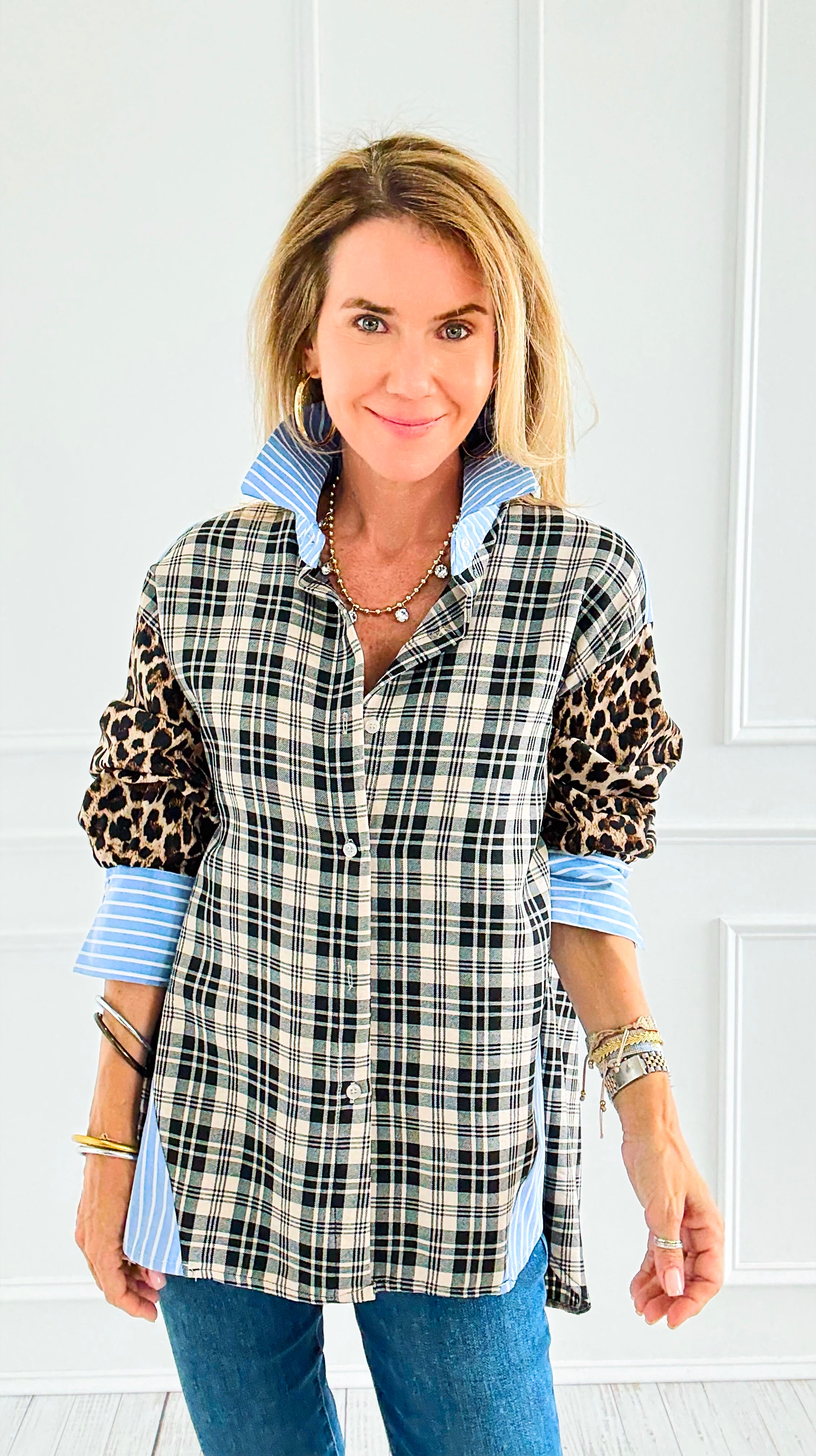Plaid Instinct Italian Button Down Blouse-110 Long Sleeve Tops-TATTOO Z-Coastal Bloom Boutique, find the trendiest versions of the popular styles and looks Located in Indialantic, FL