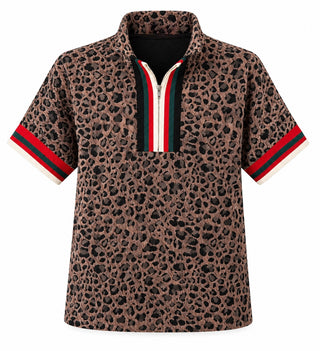 Leopard Print Striped Trim Quarter Zip Top
