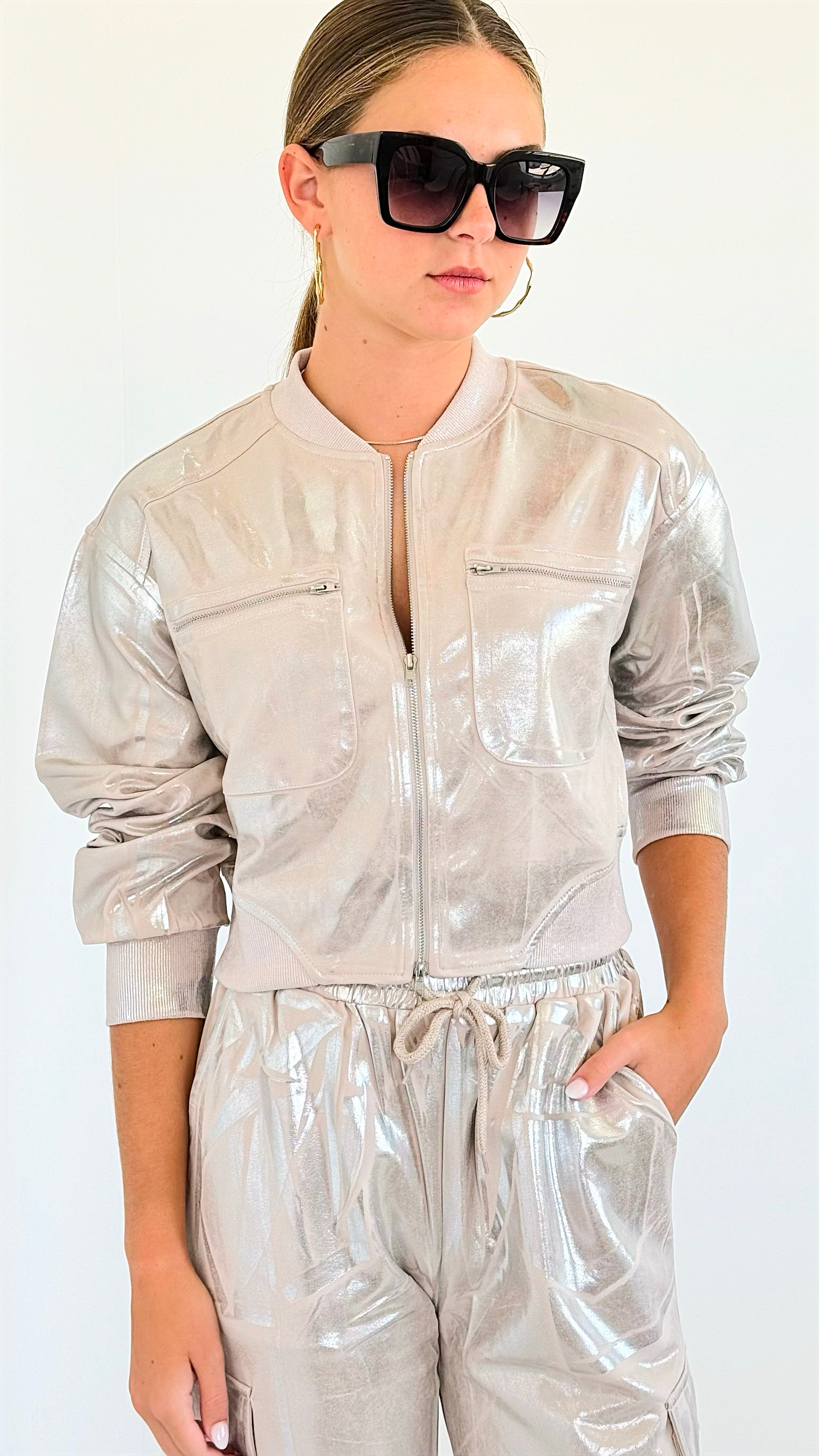 Metallic Cropped Jacket - Beige-160 Jackets-KIWI-Coastal Bloom Boutique, find the trendiest versions of the popular styles and looks Located in Indialantic, FL