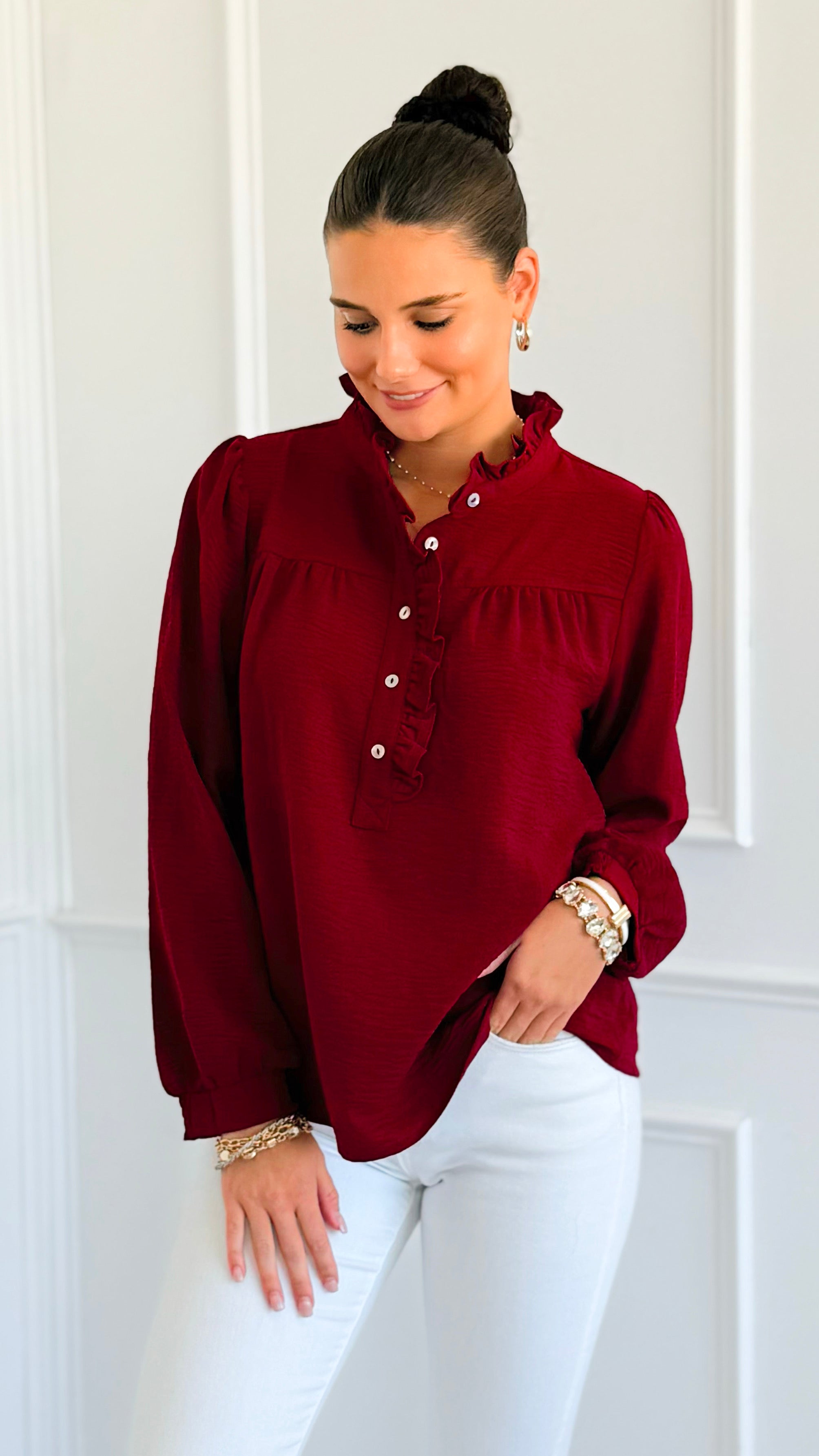 Victorian Muse Ruffle Top - Burgundy-130 Long Sleeve Tops-JODIFL-Coastal Bloom Boutique, find the trendiest versions of the popular styles and looks Located in Indialantic, FL