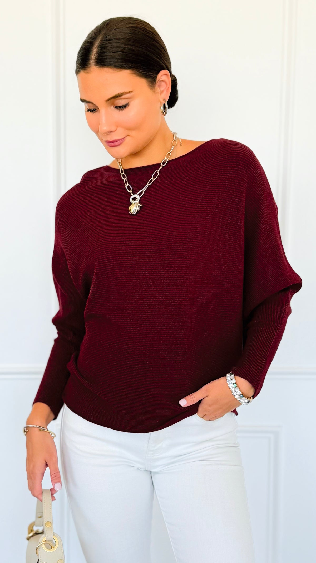 Ribbed Italian Pullover- Burgundy-140 Sweaters-Italianissimo-Coastal Bloom Boutique, find the trendiest versions of the popular styles and looks Located in Indialantic, FL