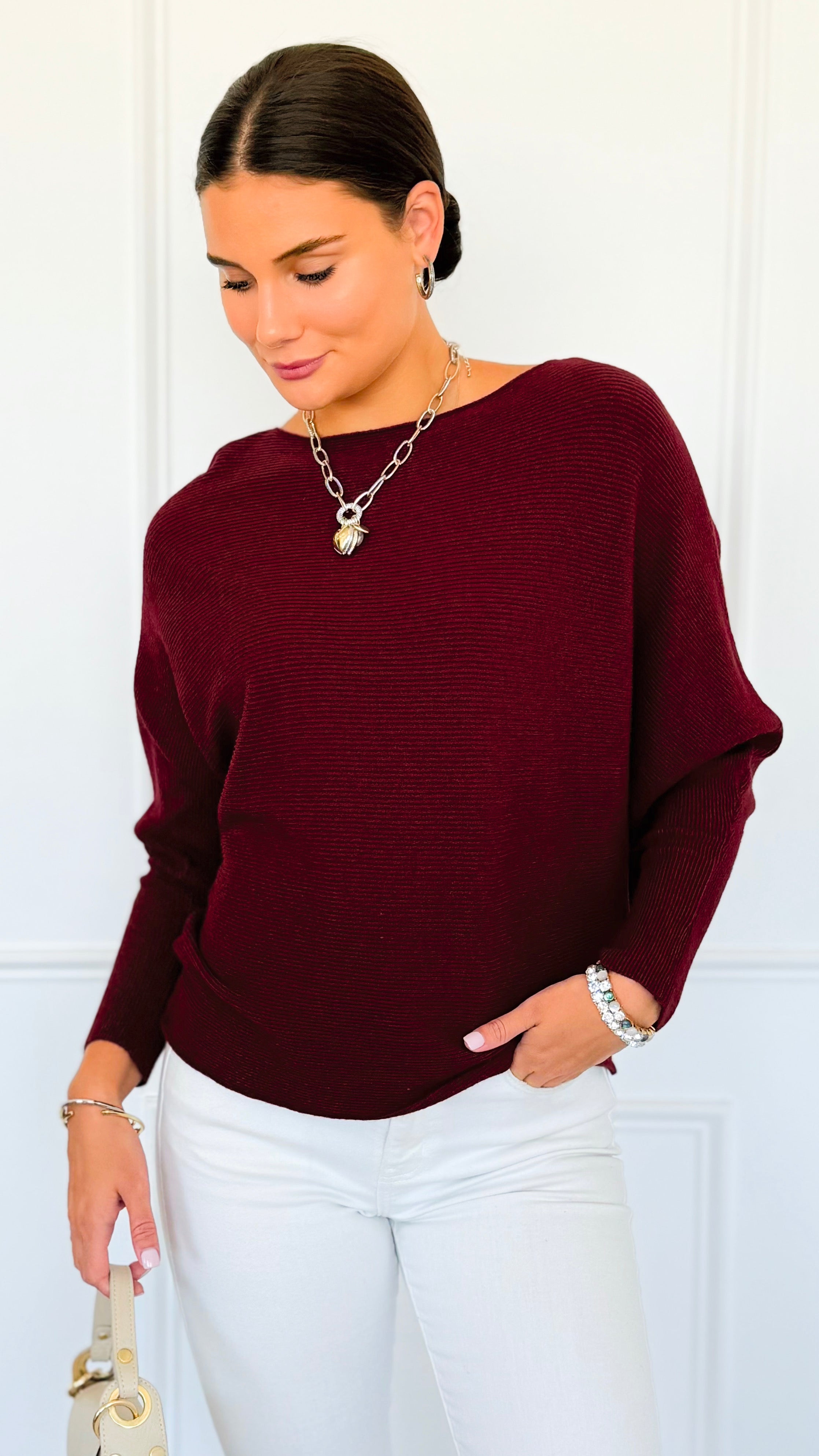 Ribbed Italian Pullover- Burgundy-140 Sweaters-Italianissimo-Coastal Bloom Boutique, find the trendiest versions of the popular styles and looks Located in Indialantic, FL