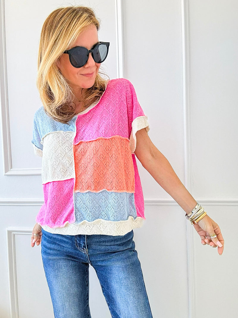 Color Block Knit Top-110 Short Sleeve Tops-Lovely Melody-Coastal Bloom Boutique, find the trendiest versions of the popular styles and looks Located in Indialantic, FL