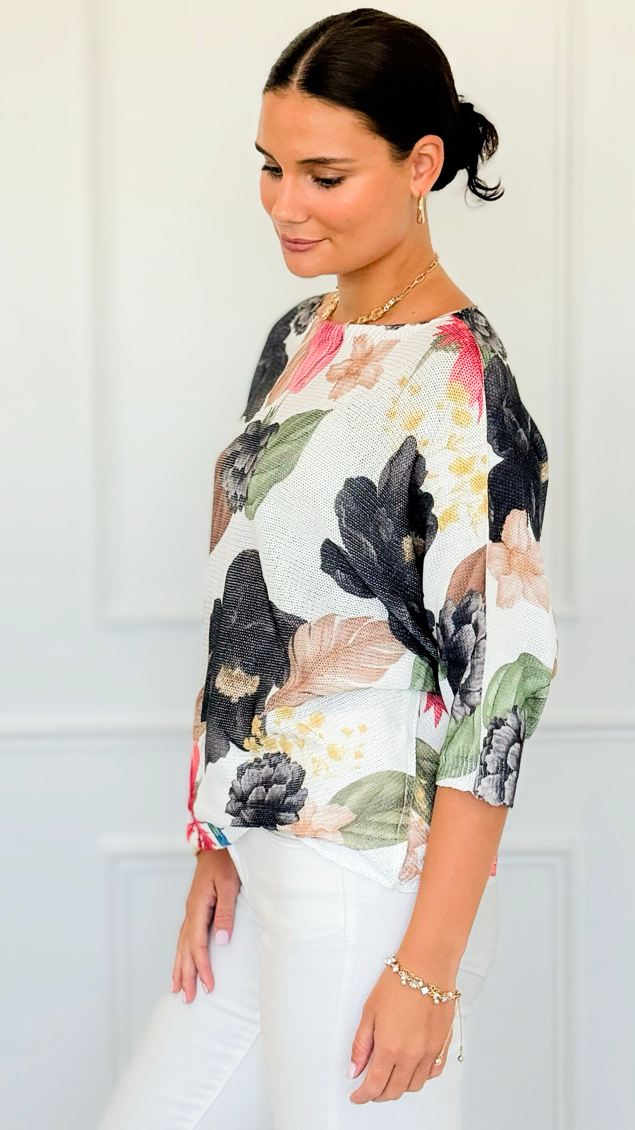 Mystic Flora St Tropez Short Sleeve Sweater-140 Sweaters-SORPRESA-Coastal Bloom Boutique, find the trendiest versions of the popular styles and looks Located in Indialantic, FL