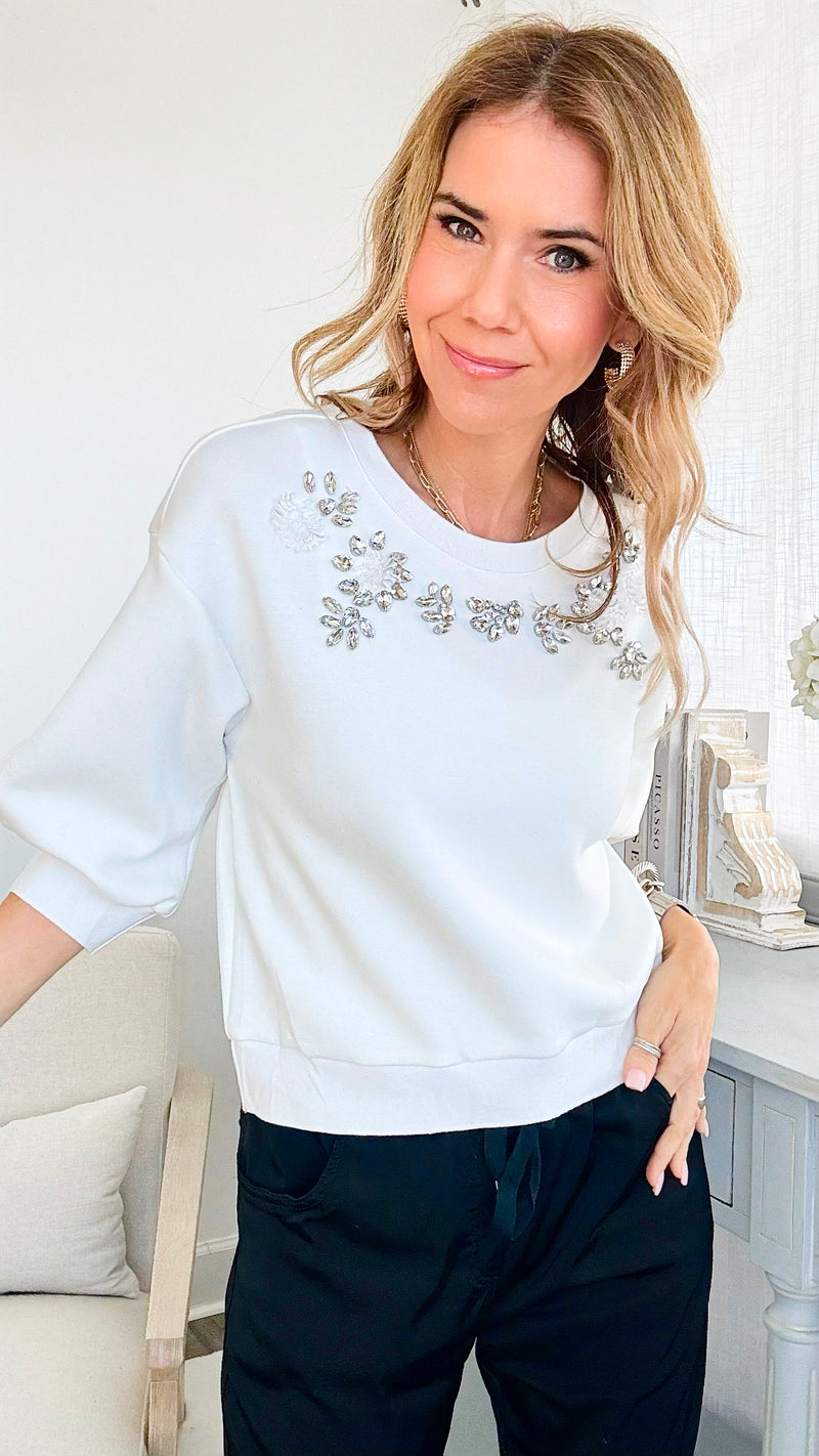 Rhinestone Detail Round Neck Sweatshirt - White-130 Long Sleeve Tops-pastel design-Coastal Bloom Boutique, find the trendiest versions of the popular styles and looks Located in Indialantic, FL