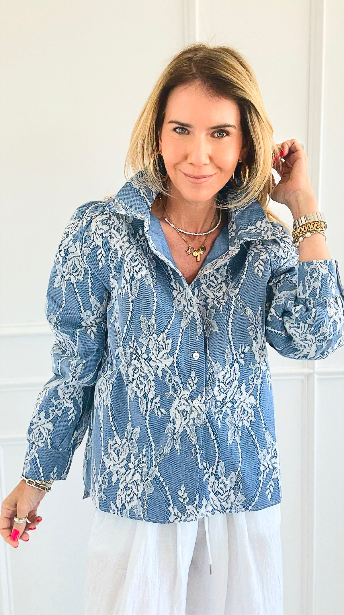 Denim Embroidered Lace Blouse-130 Long Sleeve Set-Lovelo x GeeGee-Coastal Bloom Boutique, find the trendiest versions of the popular styles and looks Located in Indialantic, FL