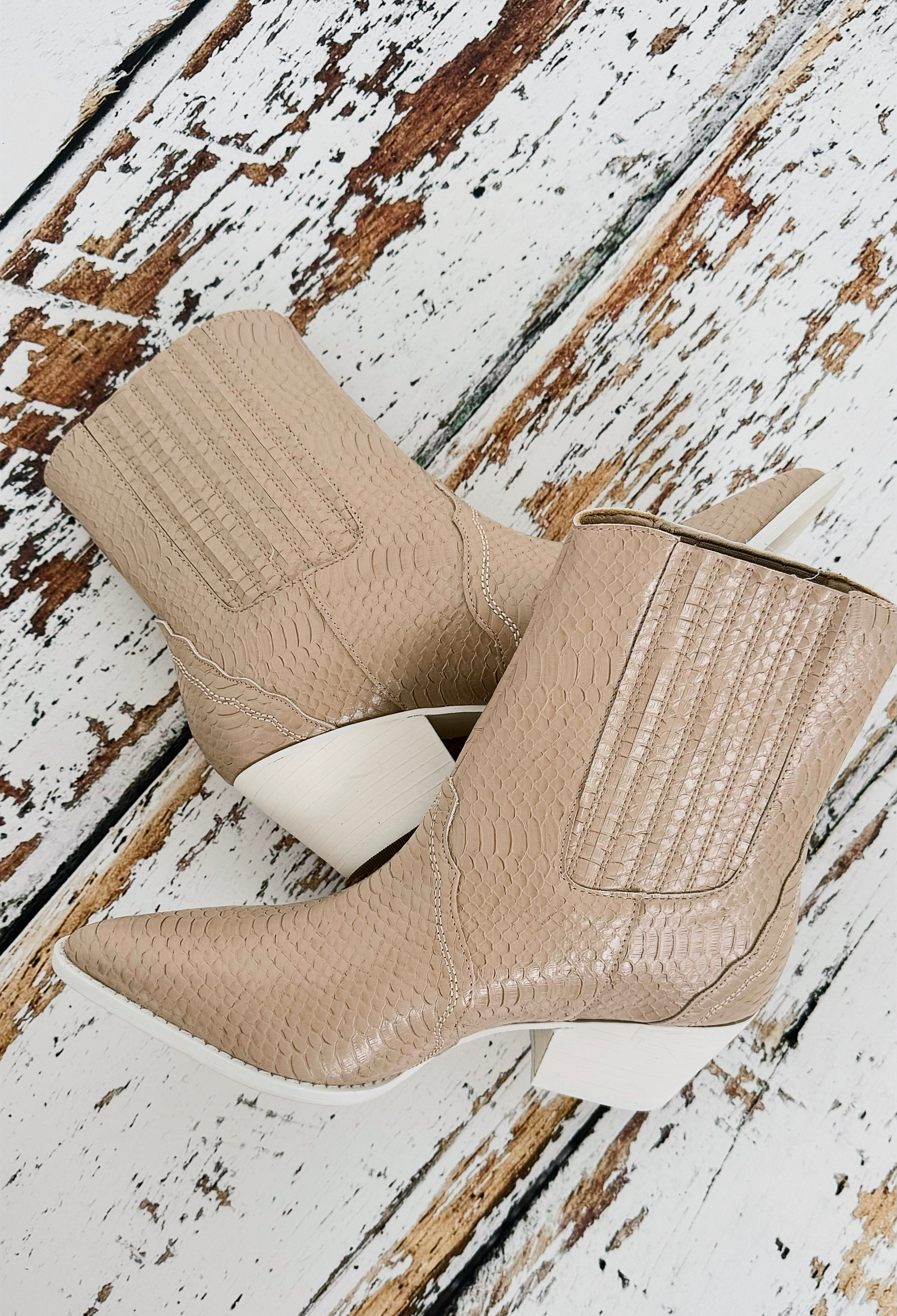 Textured Western Pointed Ankle Boots - Beige-250 Shoes-Oasis Society-Coastal Bloom Boutique, find the trendiest versions of the popular styles and looks Located in Indialantic, FL