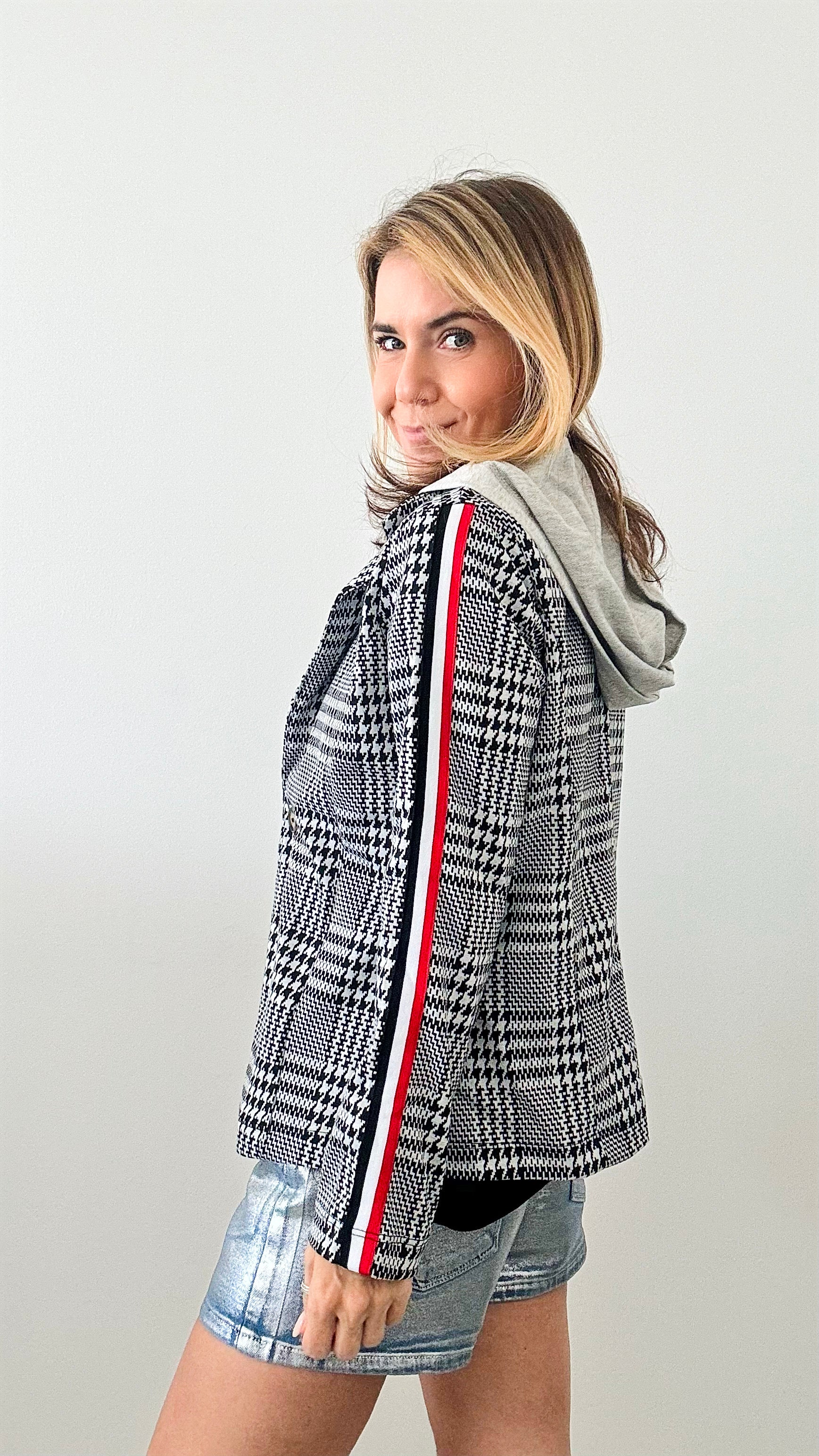 Houndstooth Stripe Hoodie Jacket-160 Jackets-Miley + Molly-Coastal Bloom Boutique, find the trendiest versions of the popular styles and looks Located in Indialantic, FL