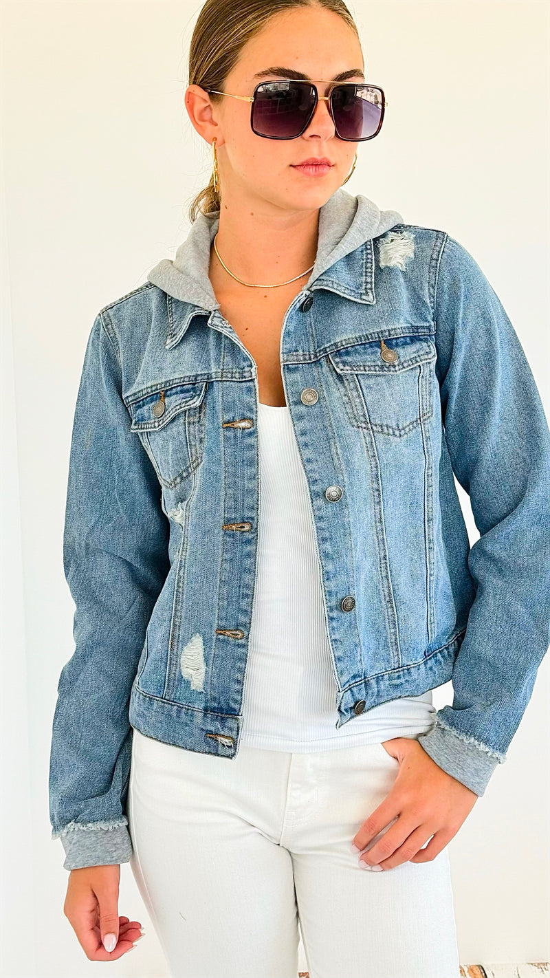 Distressed Hooded Denim Jacket-Grey-160 Jackets-Veracci-Coastal Bloom Boutique, find the trendiest versions of the popular styles and looks Located in Indialantic, FL