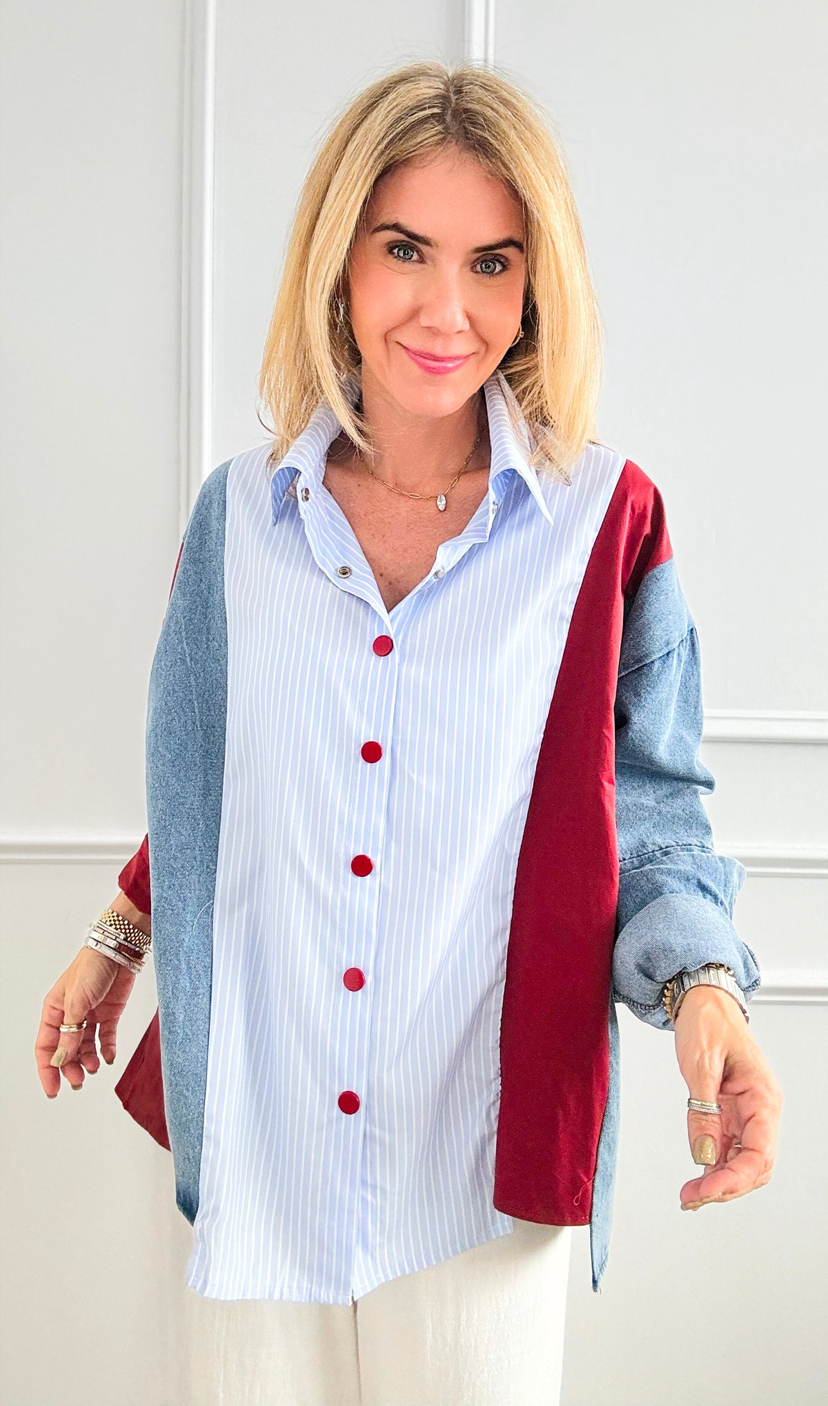 Patchwork Button-Up Blouse-130 Long Sleeve Tops-LA ROS-Coastal Bloom Boutique, find the trendiest versions of the popular styles and looks Located in Indialantic, FL