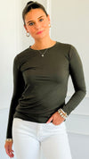 Anniston Brushed Microfiber Long Sleeve Tee - Dark Olive-130 Long Sleeve Tops-Zenana-Coastal Bloom Boutique, find the trendiest versions of the popular styles and looks Located in Indialantic, FL