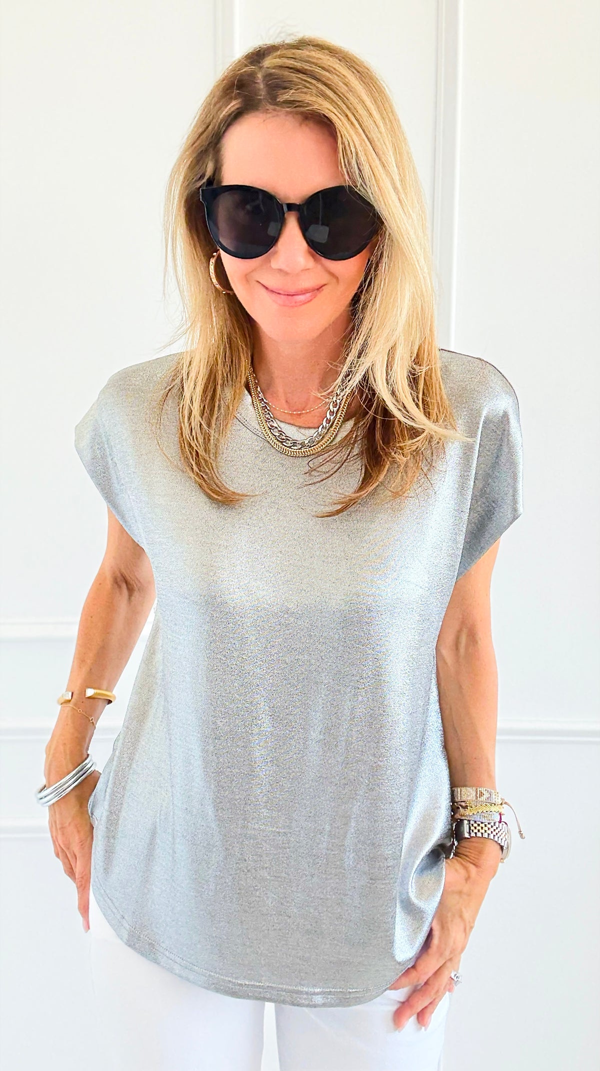 Glow Getter Cap Sleeve Top - Silver-110 Short Sleeve Tops-JODIFL-Coastal Bloom Boutique, find the trendiest versions of the popular styles and looks Located in Indialantic, FL